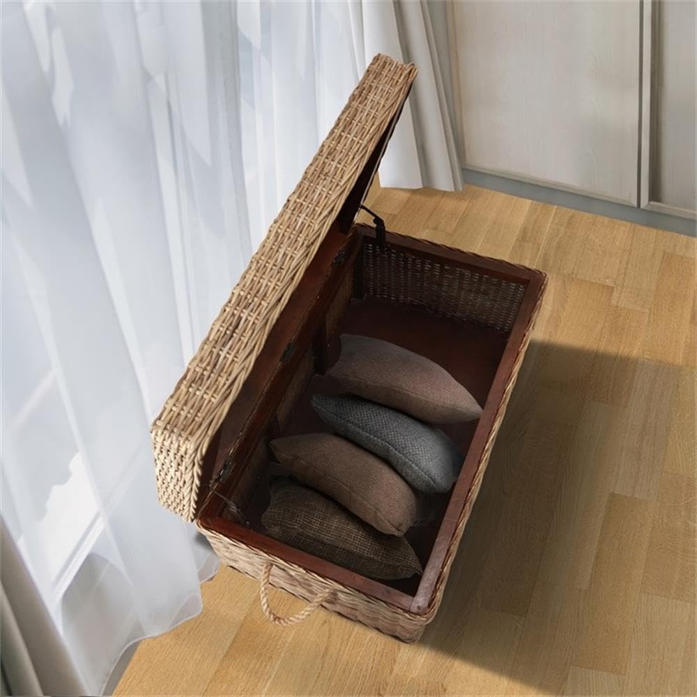 Pemberly Row Modern Kubu Wicker Rattan Storage Trunk, 37 in x 21.25 in x 19 in, Tan Finish, Handmade with Solid Mahogany Frame, Spacious Lift-Top Storage, Versatile Coffee Table for Living Room or
