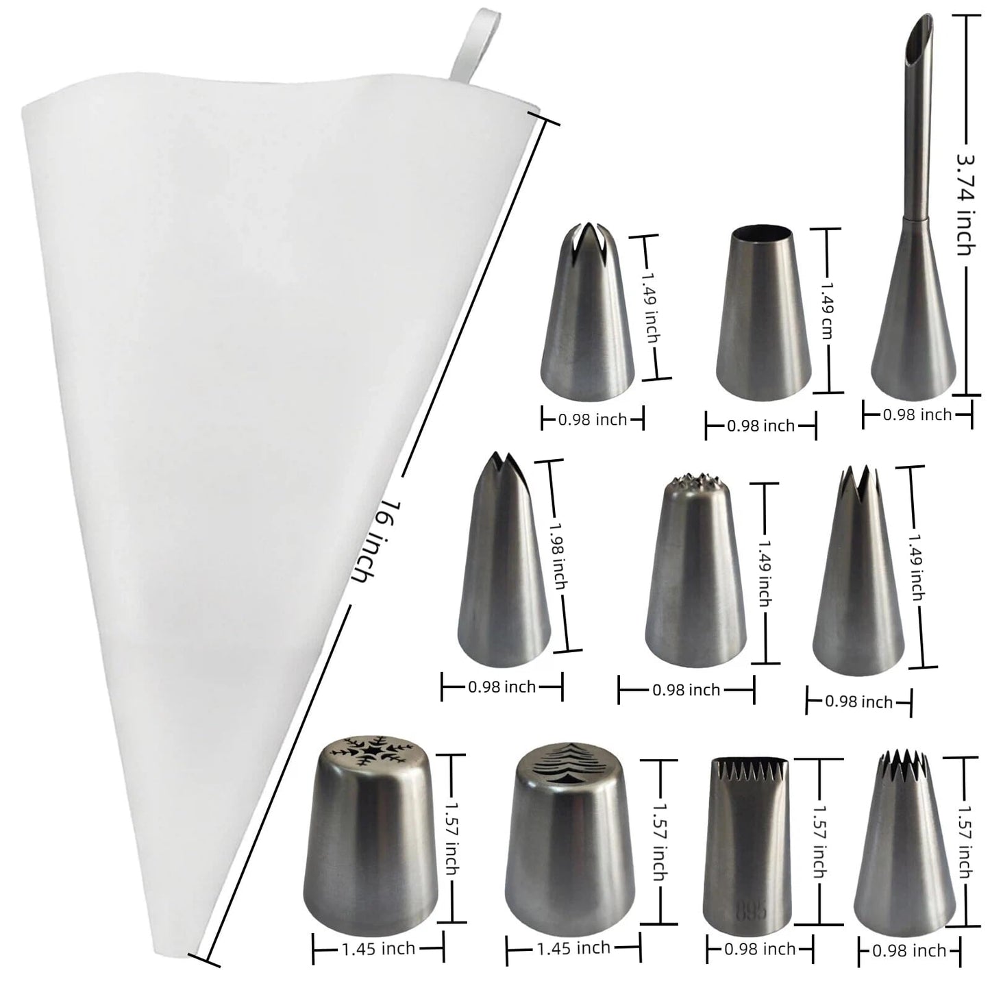 Reusable Cotton Piping Bags & Tips Set -16" Large Pastry Bag with 10 lcing Tips + 2 Couplers for Cake Decorating, Baking Supplies
