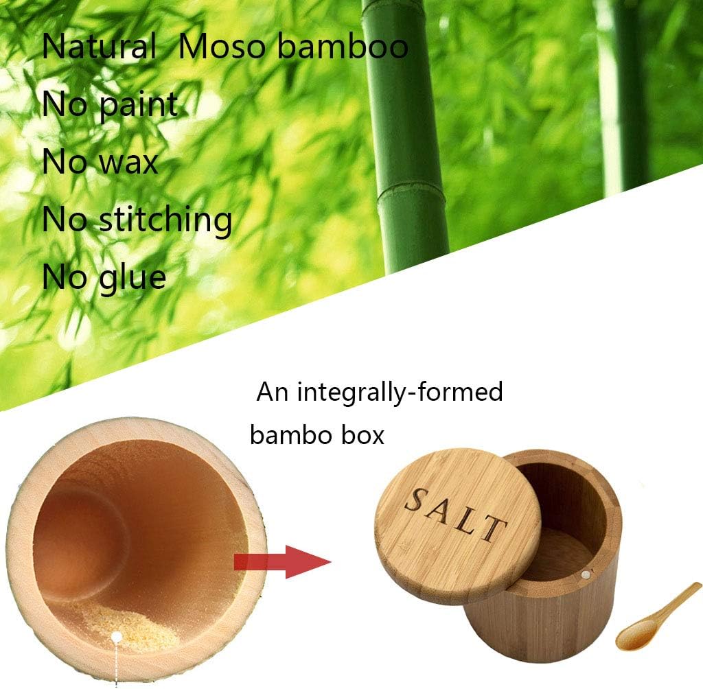 Bamboo Salt Cellar with Spoon, Salt Container with Lid, Magnetic Swivel Lid Salt Shaker