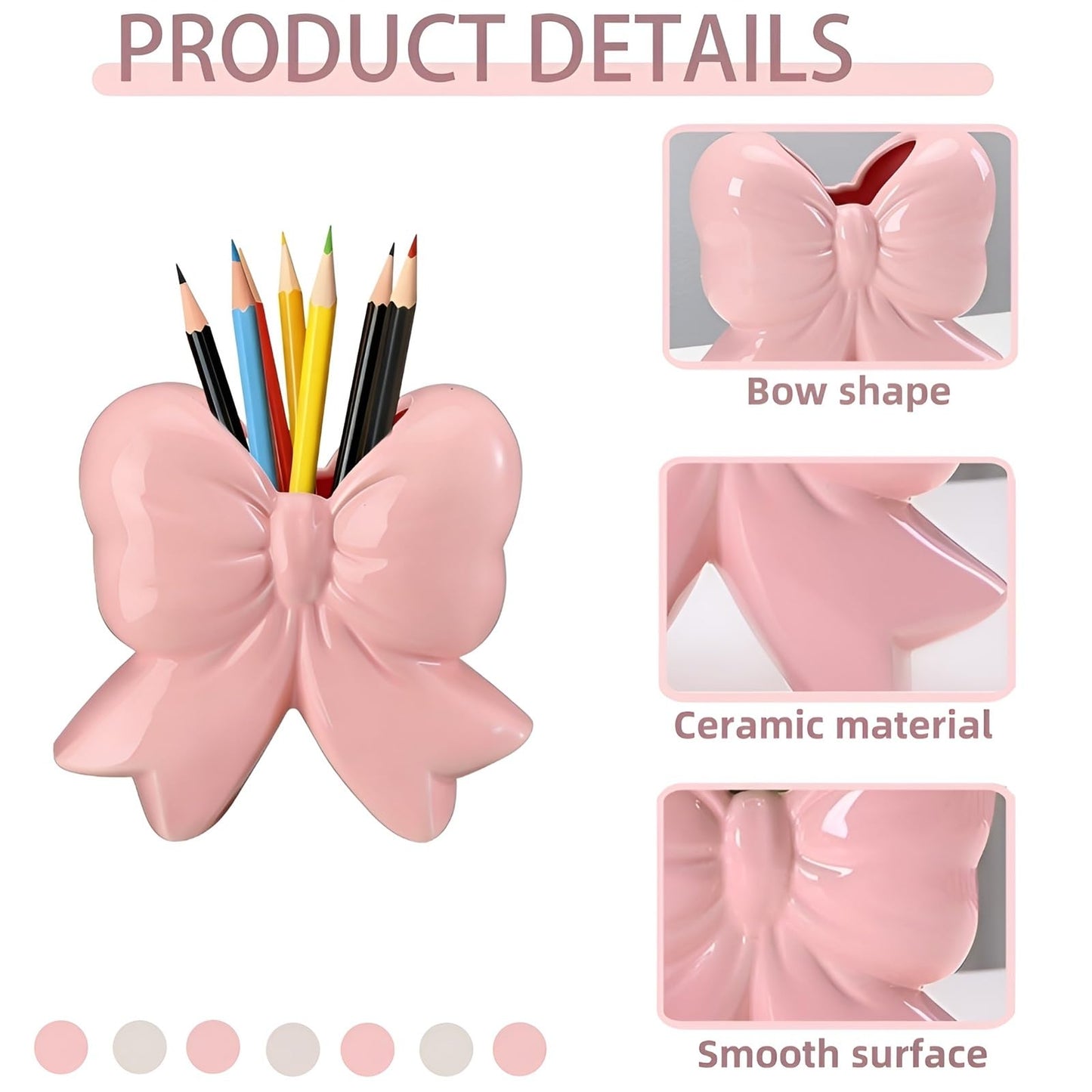 Bow Pen Holder for Desk, Coquette Ceramic Pencil Organizer Makeup Brush Holders with Bow, School Supplies Cute Office Decor, Back to School Accessories for Teachers Appreaction Gift for Women(pink)