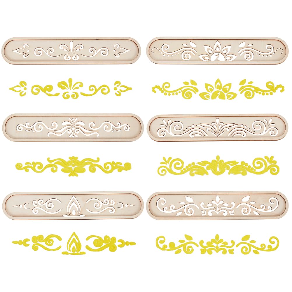 BENECREAT 6 Pack Wooden Diwali Rangoli Stencils for Painting, 6 Styles Mandala Stencils for Home Decor DIY Art Projects, 11.8x2.4 Inch