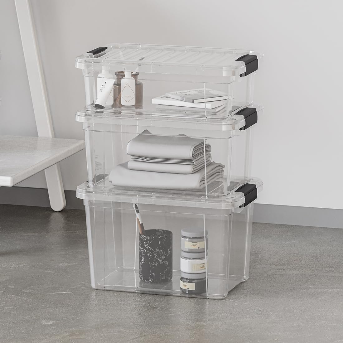 Superio Clear Storage Box with Lid, 49 Quart Plastic Container Bins for Organizing, Stackable Crates, BPA Free, Non Toxic, Odor Free, Organizers for Home, Office, School, and Dorm, 10 Pack