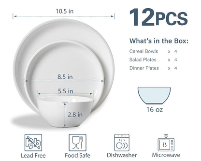 ONEMORE Plates and Bowls Set 12 Pcs,Stoneware Dinnerware Sets for 4 Microwavable,Oven & Dishwasher Safe Porcelain,Scratch Resistant Dishes Set,White