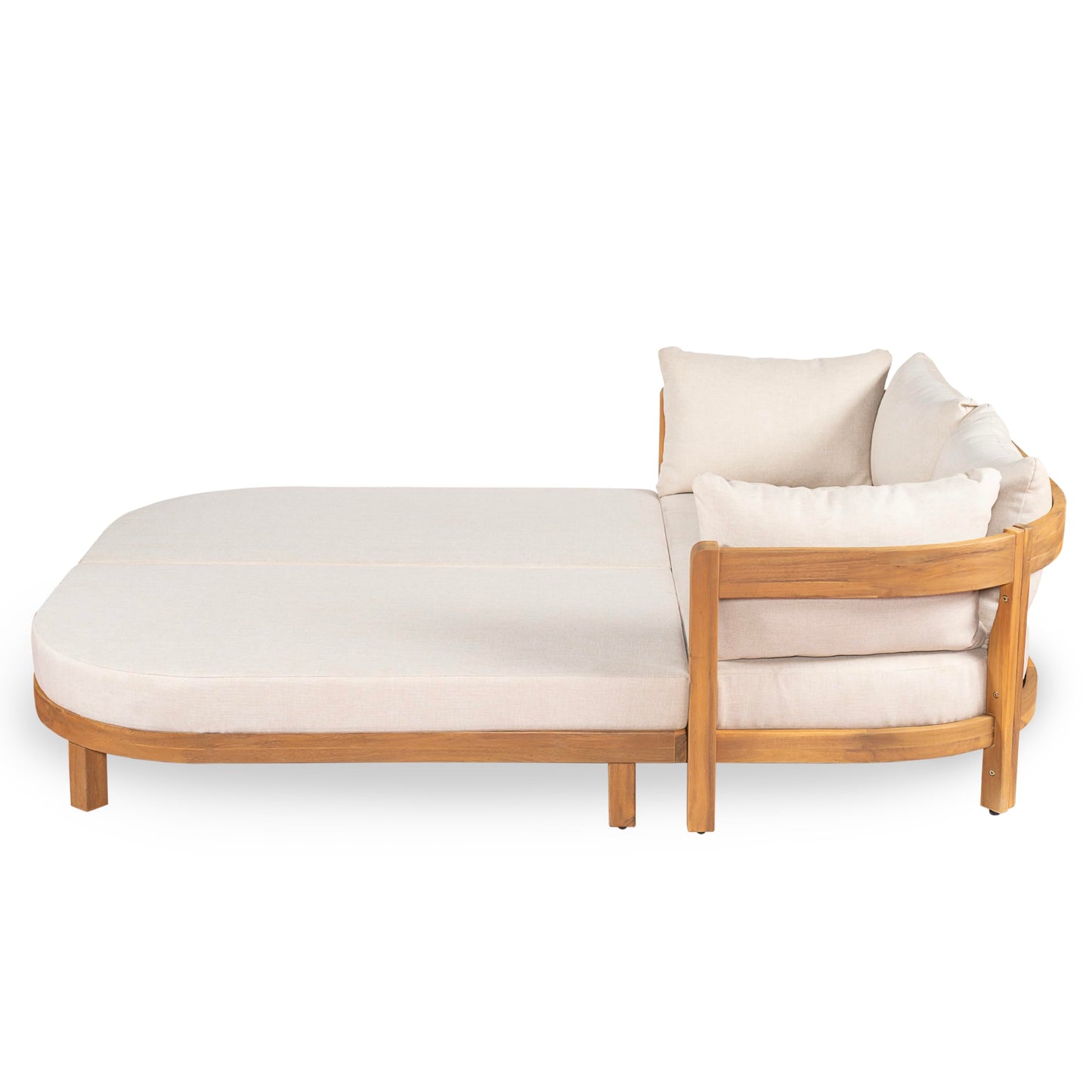 Christopher Knight Home Donovan Acacia Wood Outdoor Daybed with Cushion, Spacious Seating Lounge Sofa, Tub-Shaped Back Daybed, Curved Armrest Chaise Lounge Outdoor for Poolside Backyard, Teak+Beige