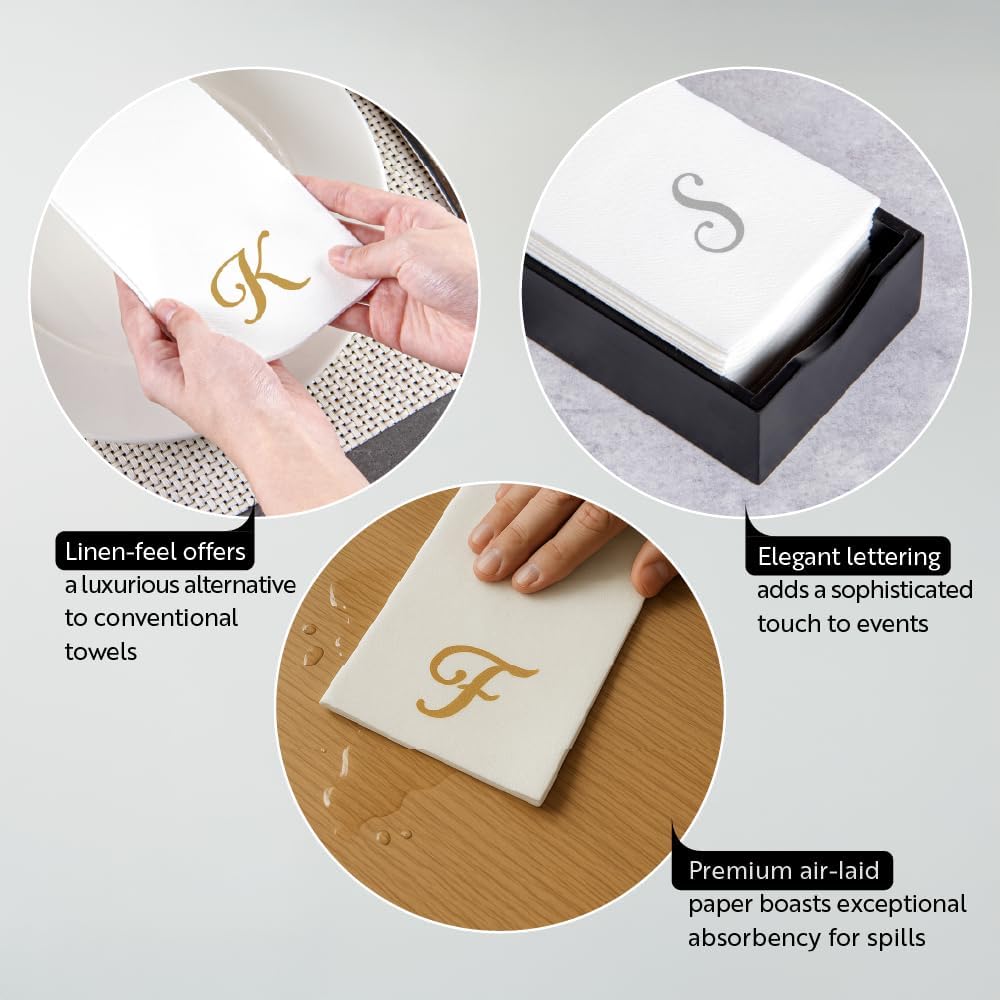 15.8 7.9 Inch 50 Luxenap X Linen-Feel Guest Towels, Disposable Striped Hand Towels - Silver Letter 'U', Cursive Font