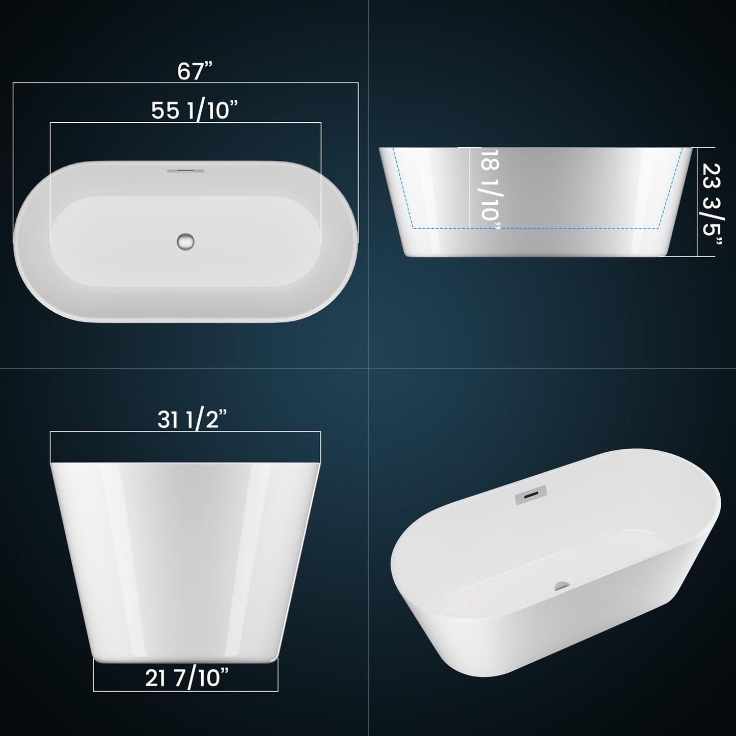 67 Inch Freestanding Bathtub, Extra Large Free Standing Bath Tub, Acrylic Stand Alone Tub with Chrome Drain & Overflow, Deep Soaking Tub for Home Spa Bathroom, White