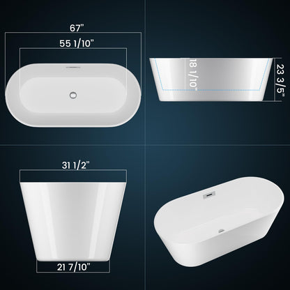 67 Inch Freestanding Bathtub, Extra Large Free Standing Bath Tub, Acrylic Stand Alone Tub with Chrome Drain & Overflow, Deep Soaking Tub for Home Spa Bathroom, White