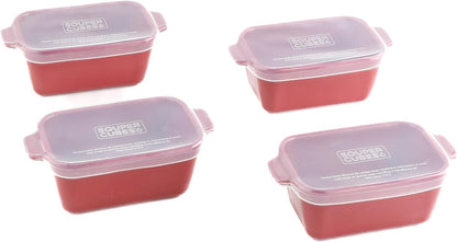 Souper Cubes Stoneware Baking Dishes - Premium Mini Ceramic 5" x 3" Set of 4 with Silicone Covers - Cranberry