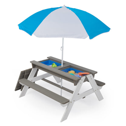 WEALTHGIRL 3-in-1 Kids Outdoor Wooden Picnic Table with Adjustable 43" Umbrella, Convertible Sand & Water Activity Center, Solid Cedar Wood Construction, Spacious Seating for Four