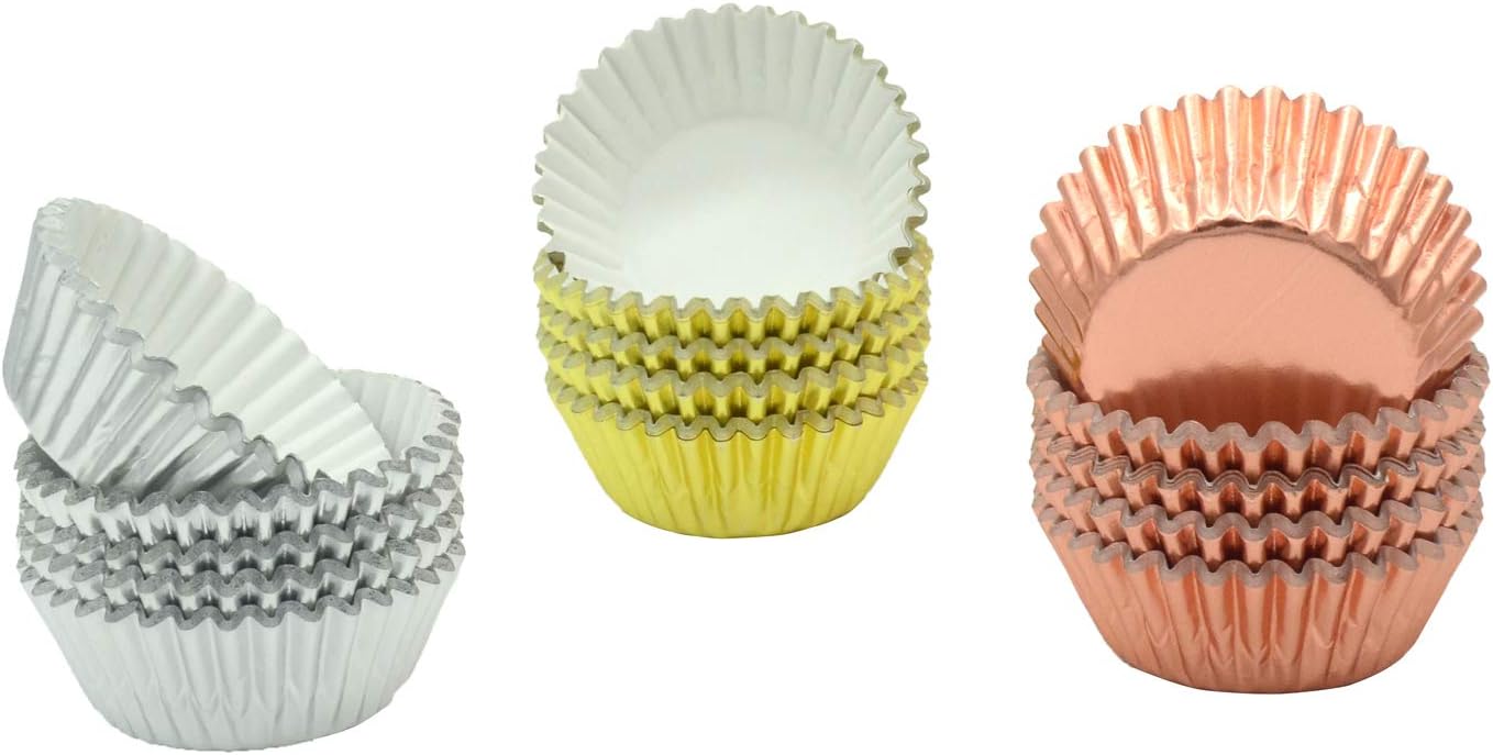 Mini Metallic Foil Paper Cupcake Liners in Rose Gold, Gold, and Silver - 300-Count Baking Cups