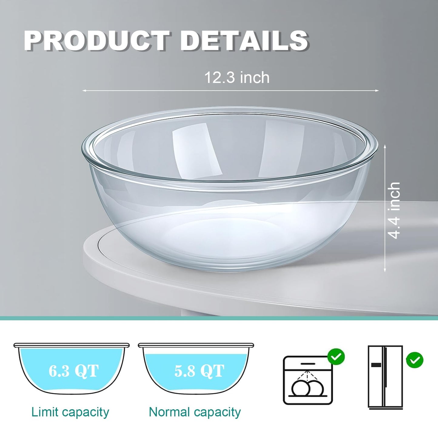 MUUBOOX 6.3 Qt Large Glass Mixing Bowl,12.3" Clear Glass Salad Cooking Bowls For making sourdough Prepping, Mixing, Marinating & Brining Kimchi