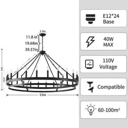 JKLX 53 inch Large Black Wagon Wheel Chandelier,Farmhouse Industrial Country Style Round Pendant Light Fixture,Round Ceiling Light fixtures for Outdoor Porch high Ceilings Living Foyer Entryway
