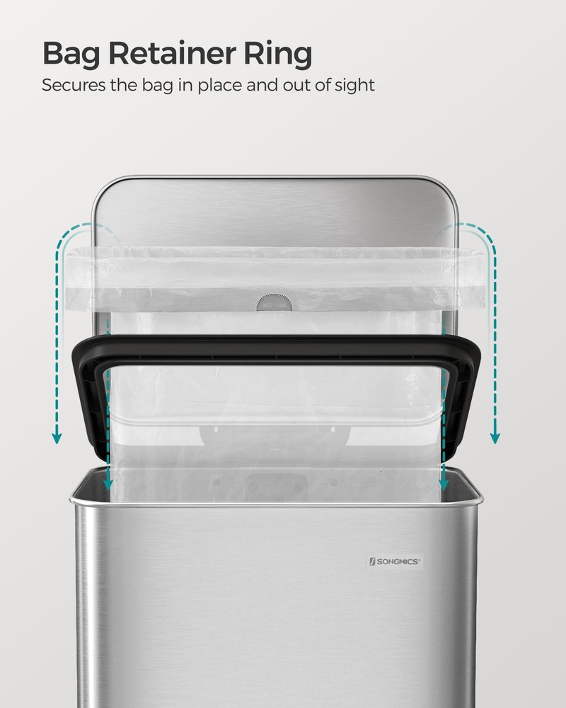 SONGMICS Kitchen Trash Can, 10.5 Gallon (40 L) Garbage Can, Large Step Trash Bin with Lid, Stainless Steel, Soft Close, 15 Trash Bags Included, Silver ULTB540E40