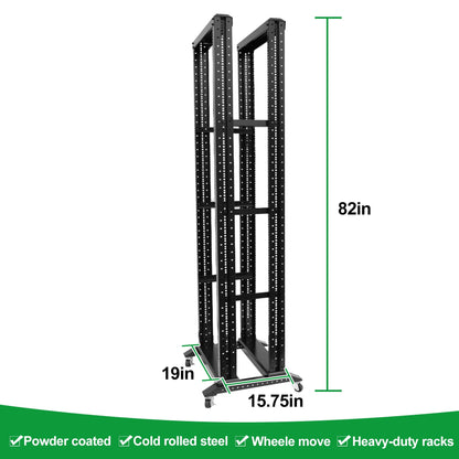 42U Server Rack/4-Post 19in Network Rack/Open Frame Rack with Wheels, Heavy-Duty Frame Cabinet/Adjustable Depth 15.75-13.75in GLOBALRACK，(4POST-600-42U)