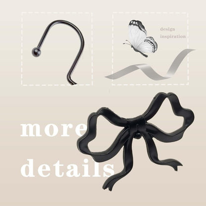 Dylrauoza Black Bow Shower Curtain Hooks, 12 Pack Decorative Metal Rust Proof Shower Curtain Rings for Bathroom, Elegant Cute Curtain Hangers for Standard Shower Rods