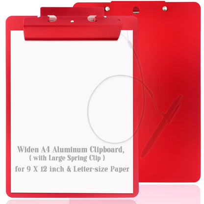 Aluminum Metal Clipboard Flat Heavy Duty Hangable Spring Clip Board with Pen Chain Hole Letter Size A4 9.25" x 12.6" for School Office Business Medical Professionals Workshop Factory (Red, A4)