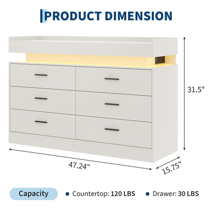 PeacefulHues TV Stand Cabinet with LED Lights & Charging Station, Coffee Bar Cabinet Floating Countertop, Modern Sideboard Buffet 6 Drawers for Home, Living Room, White