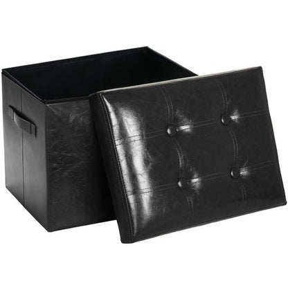 FaiPue Storage Ottoman Footrest Stool. Foldable Oil Waxed Leather Footstool with Thicker Foam Padded Seat. Small Ottoman with Storage Bench for Living Room Bedroom 350 lbs, 17x13x13in, Black.