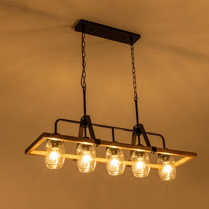 Wellmet Kitchen Island Chandelier, Mason Jar Pendant Light Dining Room, 5-Light Wooden Paint Pendant Light for Living Room, Dining Table, Kitchen, Hallway, Restaurant, 39.3''W