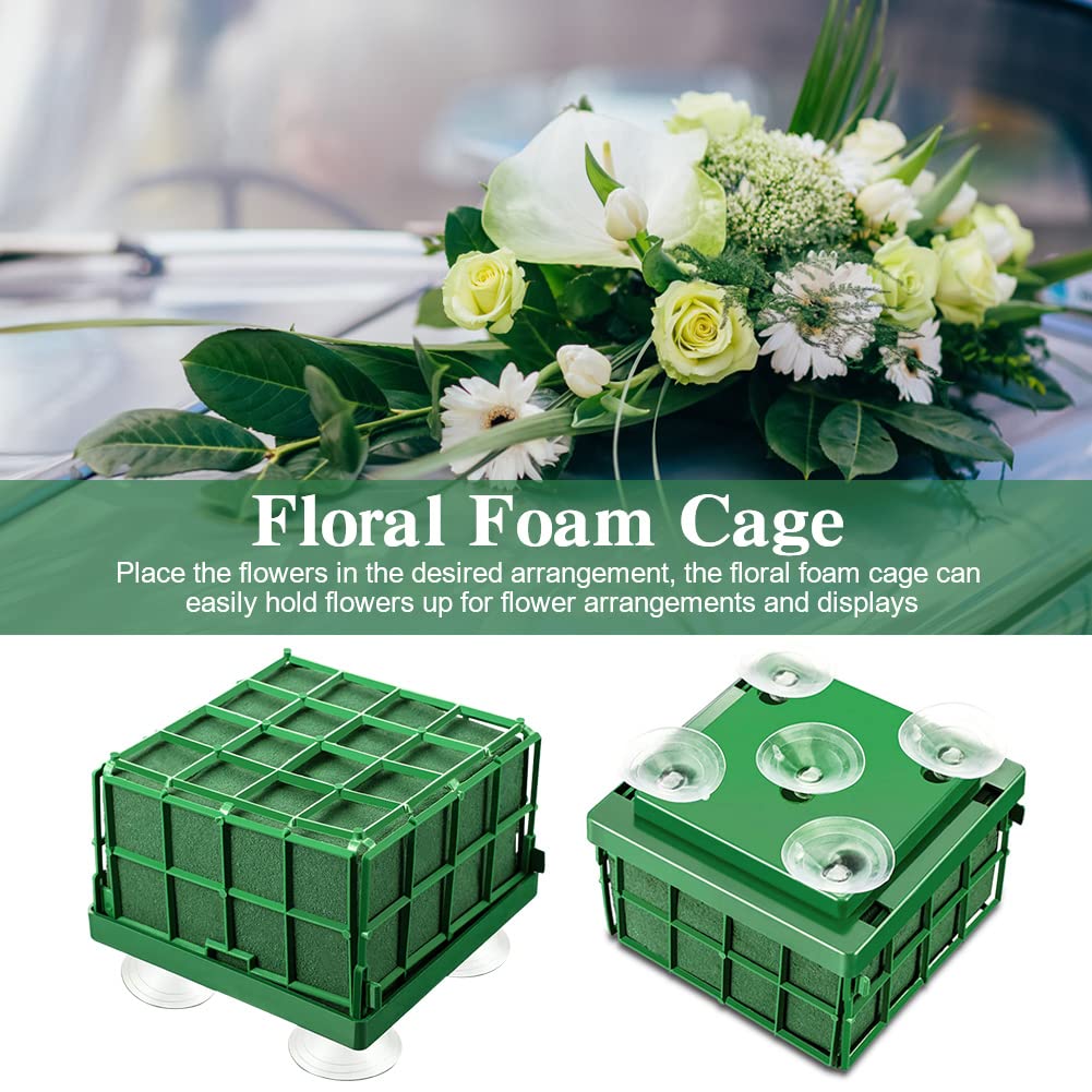 Xiaokeis 2 Floral Foam Cage with Suction Cups for Flower Arrangements, Square Floral Foam Cage Flower Holder for Fresh Flower Arrangement and Wedding Car Decorations(Green)