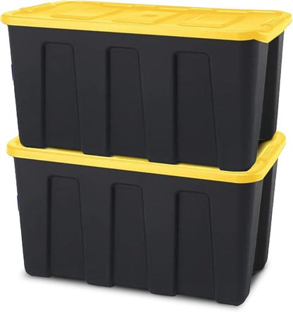 HOMZ 34 Gallon Heavy Duty Plastic Storage Bins - 2-Pack Stackable Totes with Lids, Black/Yellow