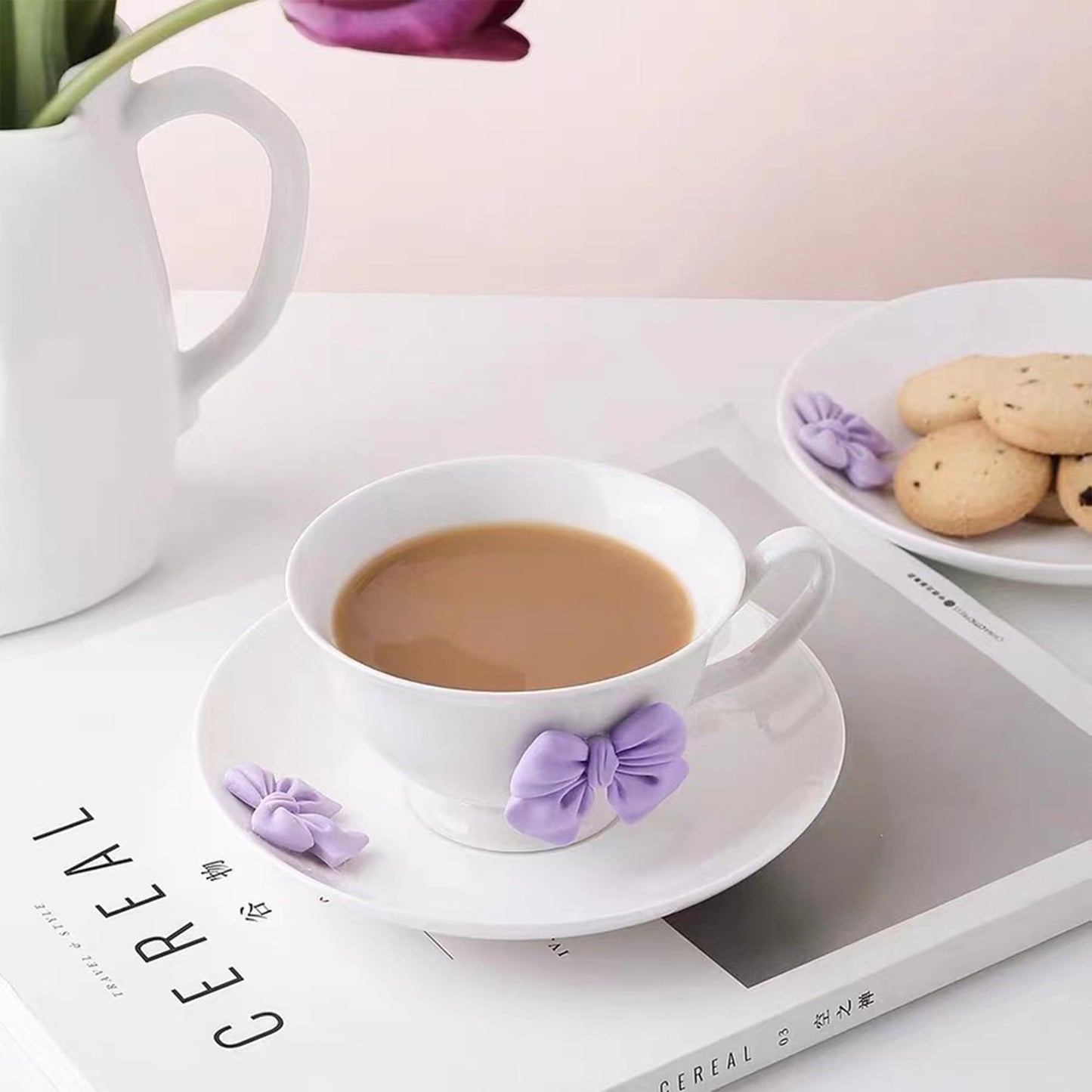 Disoza Bow Coffee Mugs Set with Saucer 200 ML Coquette Mug Porcelain Bow Cute Tea Cup Coffee for Women Girl