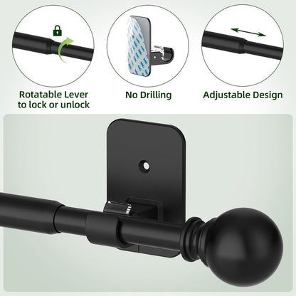 Sthumsup Curtain Rods No Drilling for Windows 48 to 84-90 Inches, 5/8 Inch Black Renter Friendly Adjustable Curtain Rod with 3M Adhesive Brackets