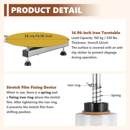Dull Roll Manual Stretch Film Wrapping Machine with 15-inch Turntable for 12-20" Stretch Wrap Rolls, Manual Pallet Wrapper Bench for Small Business Packaging, Shipping & Warehousing