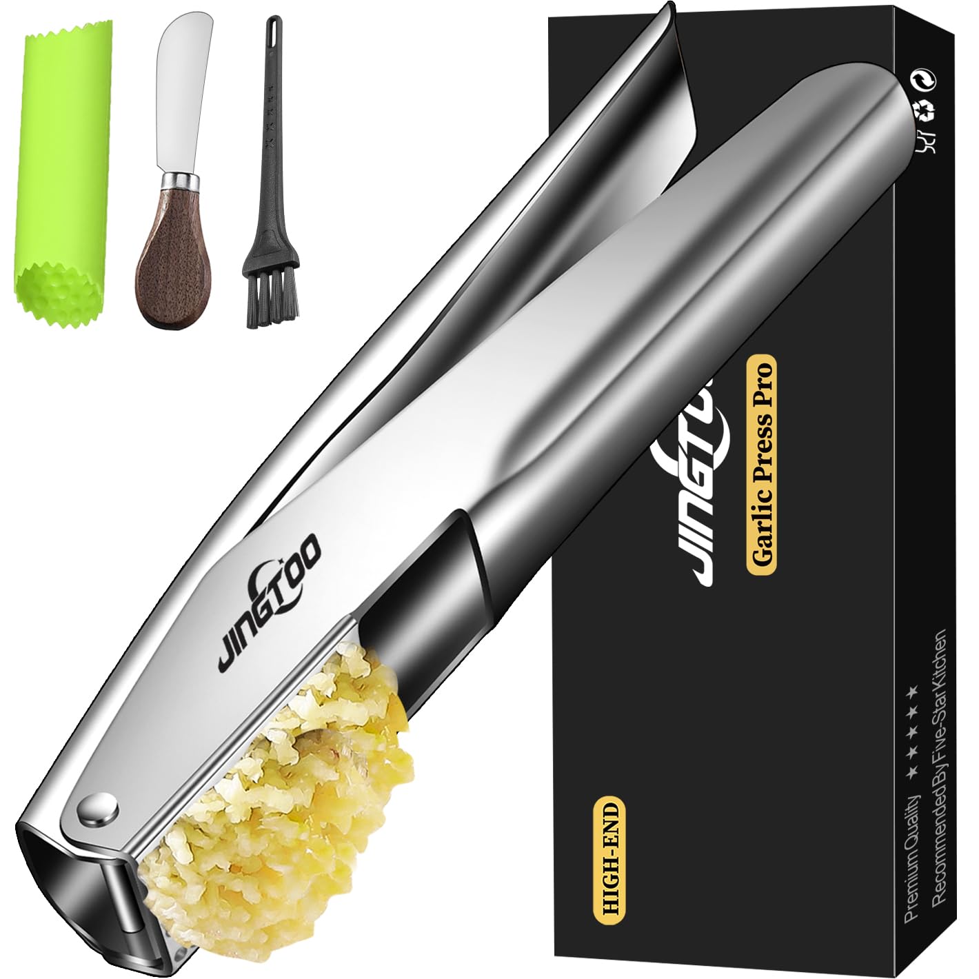 JINGTOO Garlic Press Stainless Steel, Premium Garlic Mincer - 5 Years Warranty - No Need to Peel Garlic Crusher, Ginger Masher & Presser Large Trough Ergonomic Handle, Easy Squeeze，Dishwasher Safe
