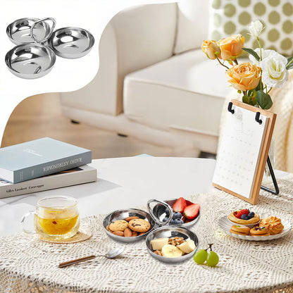Leopacat Stainless Steel Snack Plate, Cluster Serving Bowls Connected 3 In 1 Fruit Bowl Plate Reusable Dessert Plates for Fridge Simple Tray Portable Home Kitchen Party Candy（ Ring style)