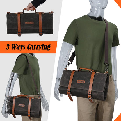 WELKINLAND 13-Pocket Knife Roll, Waxed-Canvas Leather Knife Roll Bag, Heavy-Duty Chef Knife Roll Bag, WaterProof Knife Wrap Roll, Portable Chef Knife Roll Up, Chef Knife Bags And Rolls