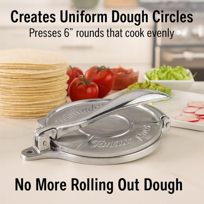 HIC Kitchen Taco Making Tools, Tortilla Press, Heavyweight Aluminum, Forms 6-Inch Tortillas and Artisan Flatbreads