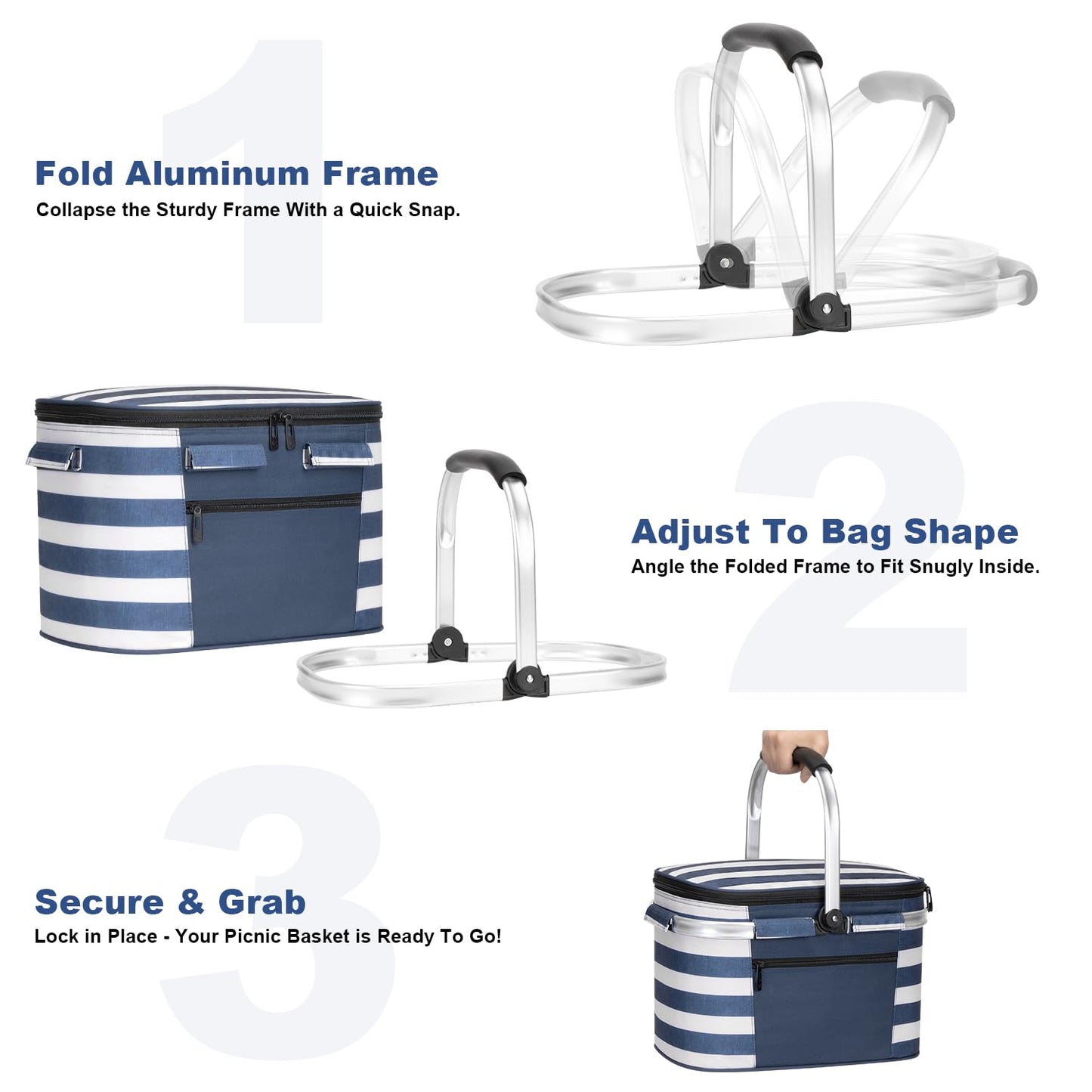 ALLCAMP Picnic Basket - Insulated Cooler, Thickening Foldable Picnic Basket with Removable Baskets & Sewn-in Frame, Basket for House Warming Gifts New Home(Blue White)