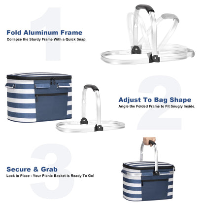 ALLCAMP Picnic Basket - Insulated Cooler, Thickening Foldable Picnic Basket with Removable Baskets & Sewn-in Frame, Basket for House Warming Gifts New Home(Blue White)