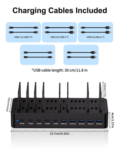 100W Charging Station for Multiple Devices, 10-Port USB Fast Charging Station with Adjustable Dividers & 10 Cables- Multi Device Organizer Charging Dock for iPhone, iPad, Tablets & More(Black)