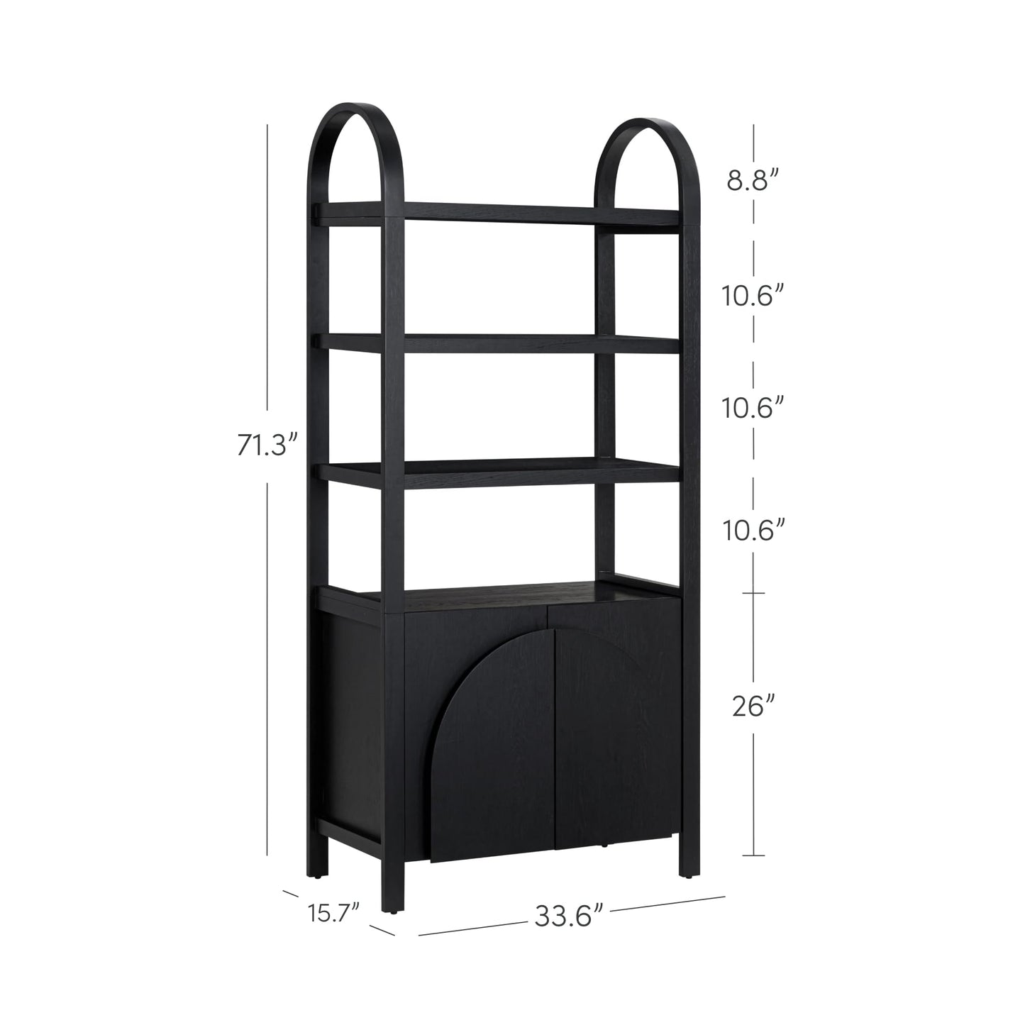 Nathan James Iris 3 Tier Bookshelf, Arched Bookcase Cabinet, Solid Wood Bookcase with Cabinet Base, Boho Bookshelf in Midnight Charcoal Finish