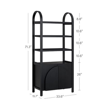 Nathan James Iris 3 Tier Bookshelf, Arched Bookcase Cabinet, Solid Wood Bookcase with Cabinet Base, Boho Bookshelf in Midnight Charcoal Finish