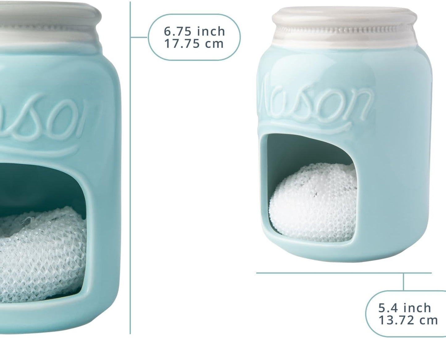 Comfify Ceramic Kitchen Sponge Holder, Farmhouse Style Sink Caddy, Aqua Blue, Includes Free Sponge
