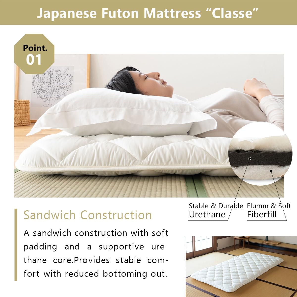 EMOOR Japanese Futon Mattress Premium CLASSE and Tatami Mat Set Twin, Floor Sleeping Mat Sikibuton Igusa Natural Cotton