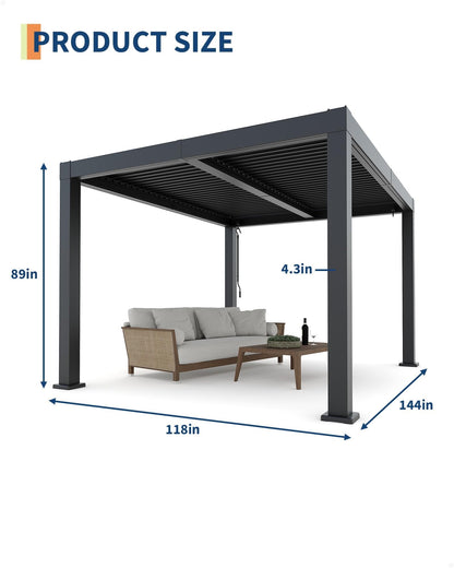 10x12 FT Louvered Pergola, Modern Style Outdoor Pergola with Adjustable Louvered Roof, Reinforced Aluminum Frame, Integrated Drainage System, Hardtop Gazebo for Patio, Deck (Gray)