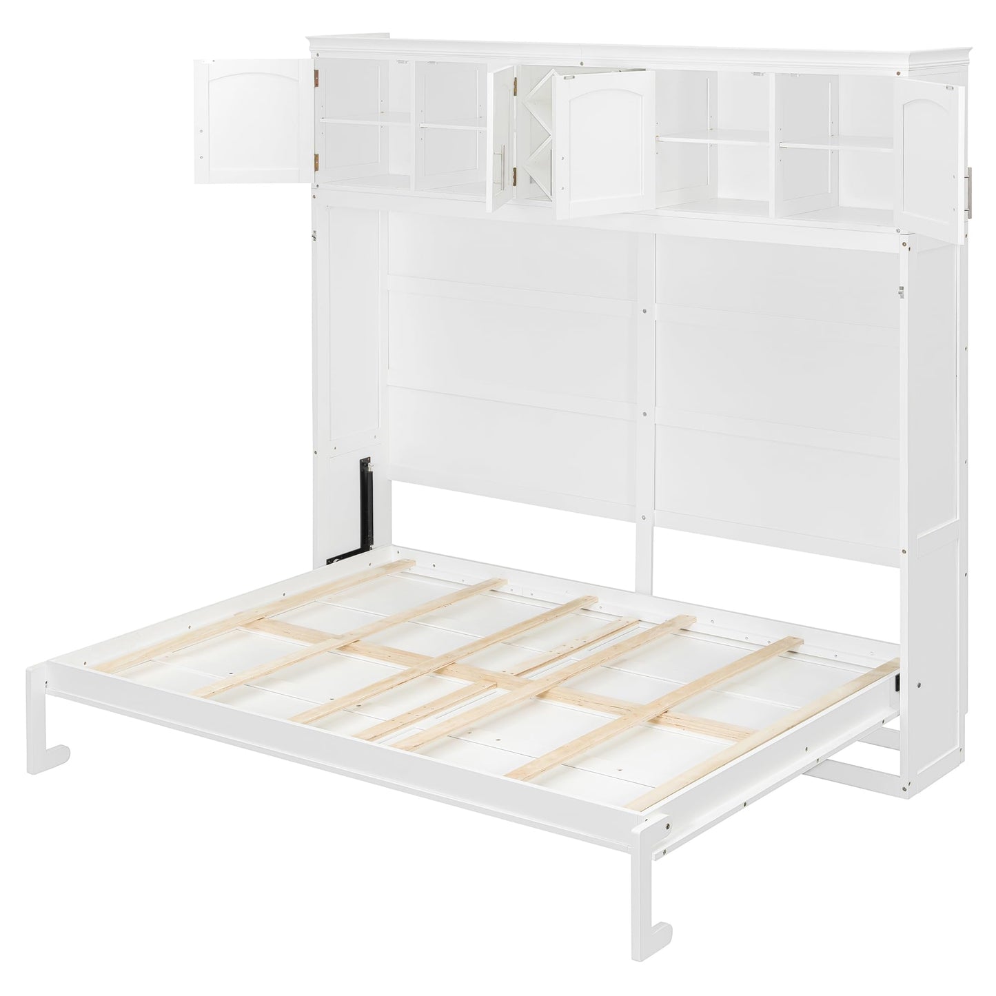 Murphy Bed Queen Size,Murphy Bed with Top Cabinets & Wine Rack,Space-Saving Hideaway Wall Foldable Bed w/Dual Piston Metal Folding Mechanism,Bedroom Folding Bedframe for Guest Room,White