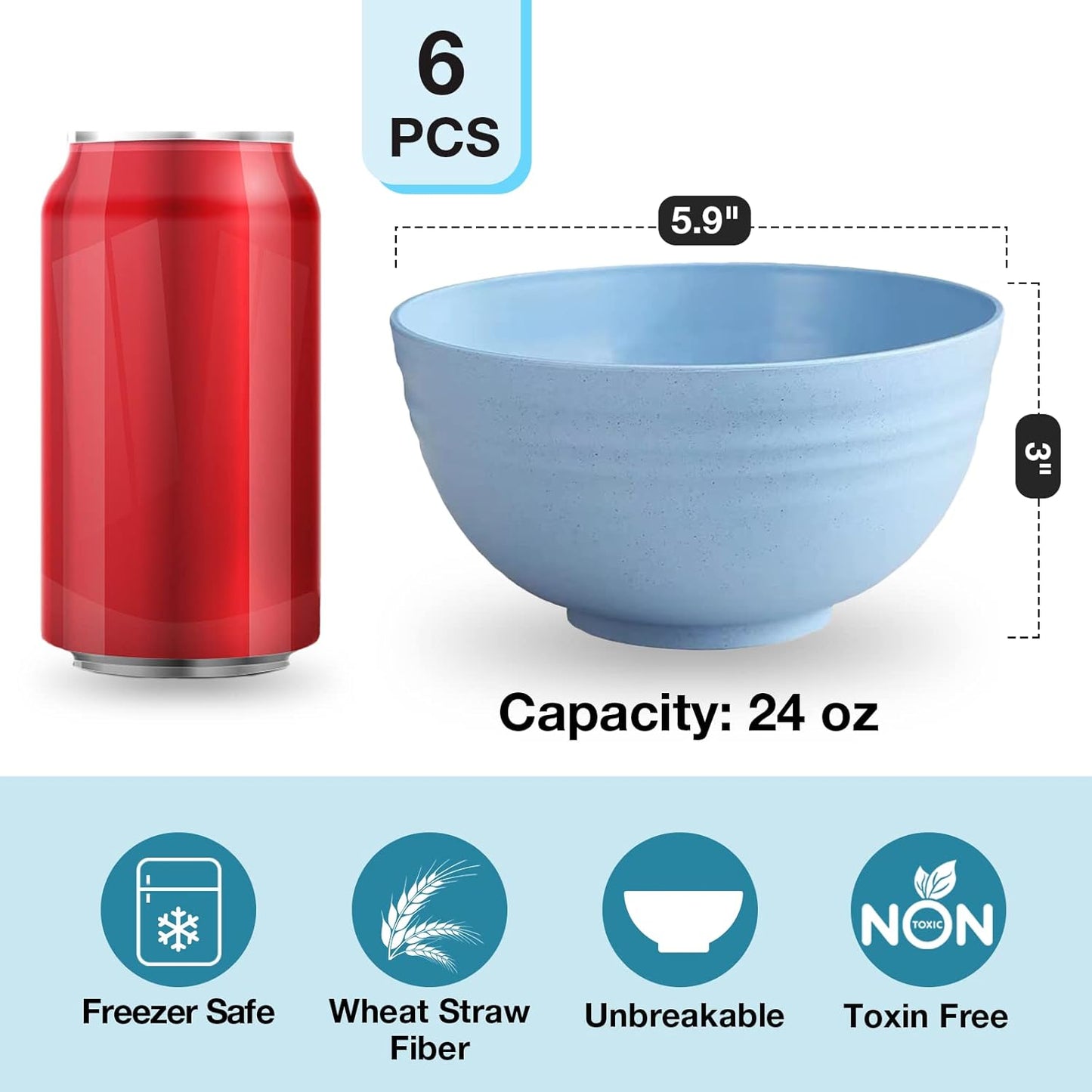 Unbreakable Cereal Bowls Set of 6, 24 OZ Wheat Straw Bowls, Microwave & Dishwasher Safe, Lightweight