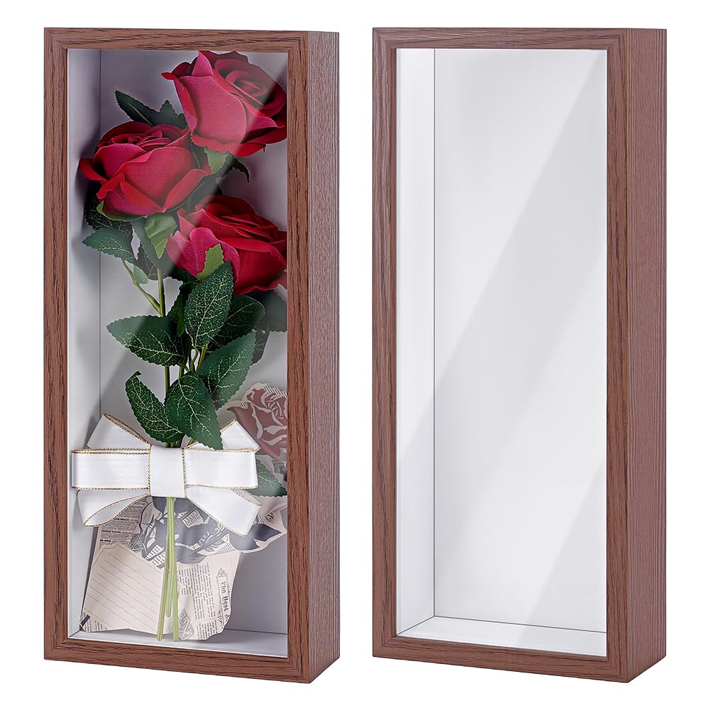 INTERWARM 2Pcs Shadow Box Display Case, 14.4x6.1x2.56Inch Rectangle MDF Shadow Box Frame with Nail Hangers and Hook for Mother's Day Awards Memorabilia Flower Pictures Keepsakes Medals(Camel)