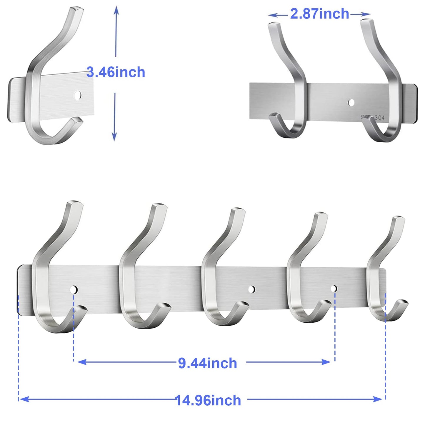 AZW Coat Rack Wall Mount,Heavy Duty Stainless Steel Metal Coat Hooks Hanging for Robes Bags Keys Hat Clothes and Bathroom Door Towels Hanger（Brushed Silver Nickel 5 Hooks