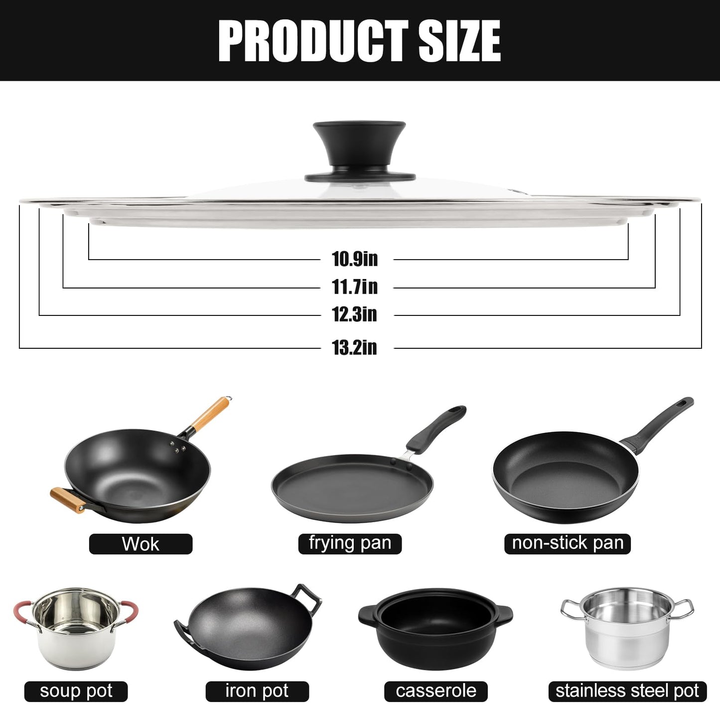 Pan Lid Fits 11, 12 & 13 Inch Cookware, Universal Lid for Pots, Pans and Skillets,Replacement Frying Pan Cover with Tempered Glass Top, Stainless Steel Cast Iron Skillet Lids - Heat Resistant Handle