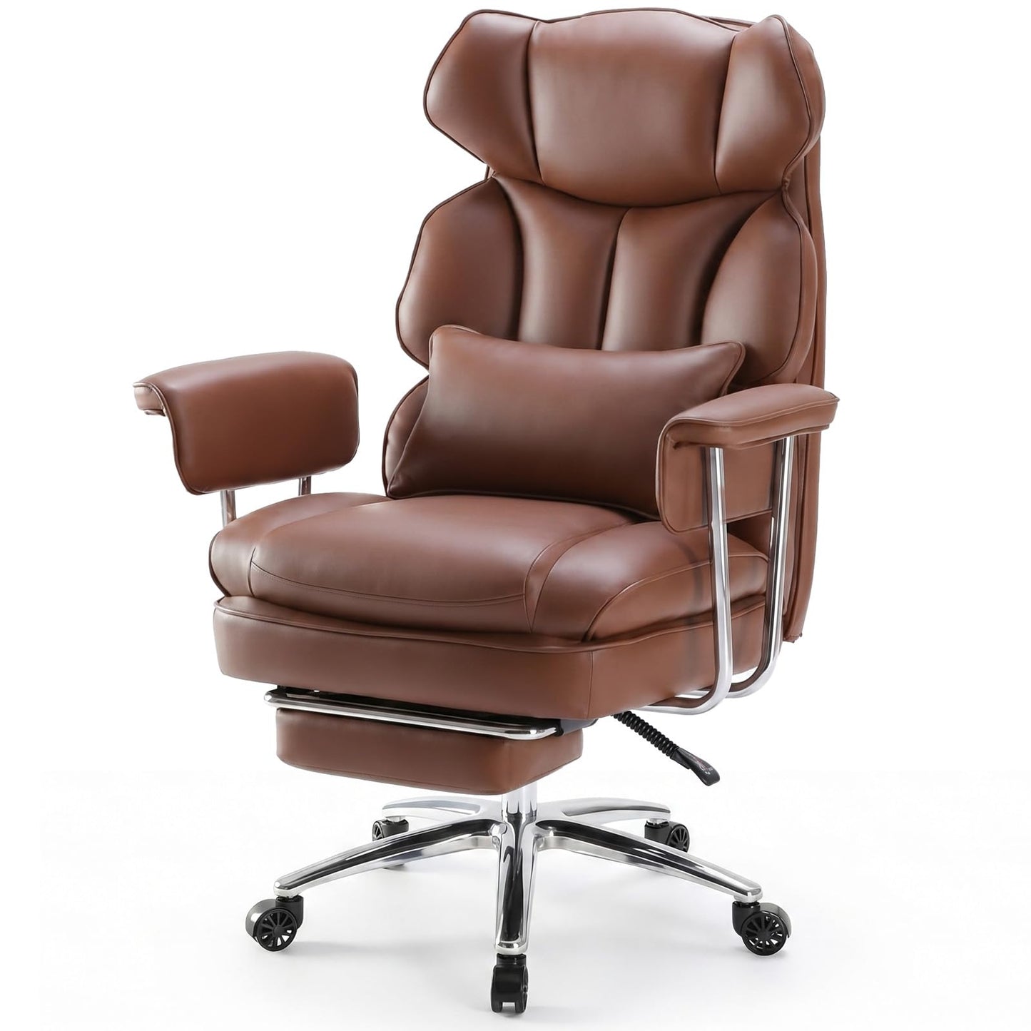 OLIXIS Home Office Desk Chair Comfy with Foot Rest, PU Leather Ergonomic Big and Tall High Back Support, 360° Swivel Wheels, Armrests and Detachable Pillow, Height Adjustable, Brown