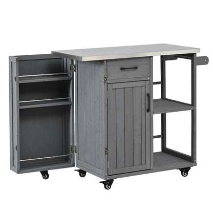 Outdoor Kitchen Island Cart with Stainless Steel Top, Rolling Grill Table with Storage Cabinet Drawer Shelves and Towel Rack, Wooden BBQ Prep Station with Lockable Wheels for Patio Backyard, Grey