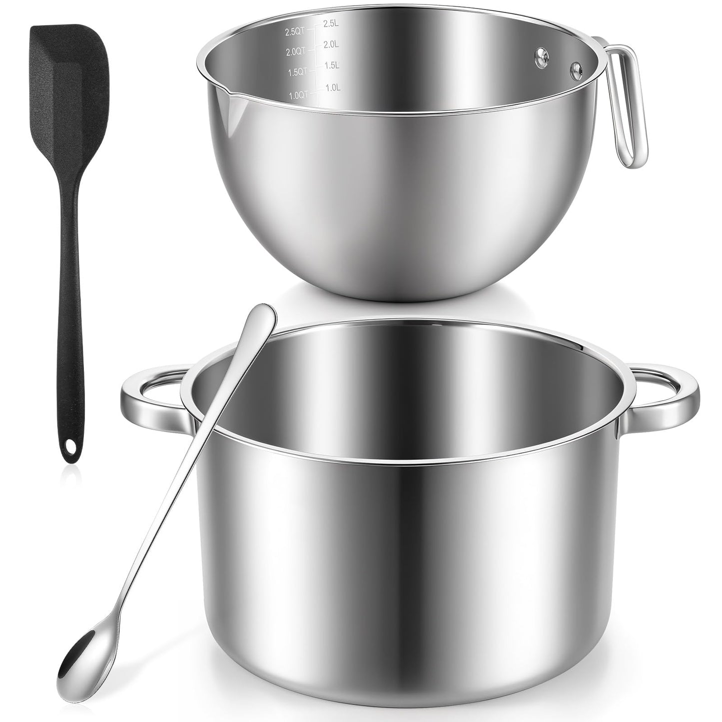 4-Piece Double Boiler, Chocolate Melting Pot Set Include 2500ml/2.3QT Mixing Bowl and 4000ml/3.63qt Stainless Steel Pot, Silicone Spatula, Stainless Steel Stirring Spoon, Induction Safe