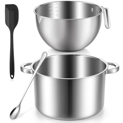 4-Piece Double Boiler, Chocolate Melting Pot Set Include 2500ml/2.3QT Mixing Bowl and 4000ml/3.63qt Stainless Steel Pot, Silicone Spatula, Stainless Steel Stirring Spoon, Induction Safe