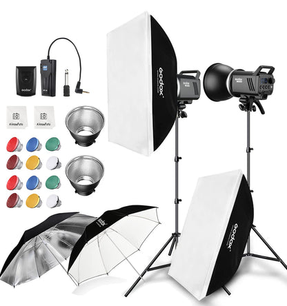 2pcs Godox MS300 600W Studio Strobe Flash Kit Bowens Mount Lighting,2.4G Wireless GN58 5600K Monolight with 150W Modeling Lamp,RT-16 Flash Trigger,Light Stands,Softbox,Umbrellas,Reflectors